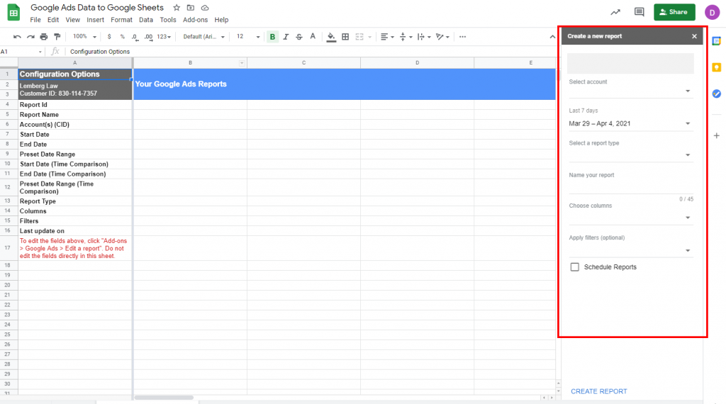 Ads to Google Sheets Native Report Config