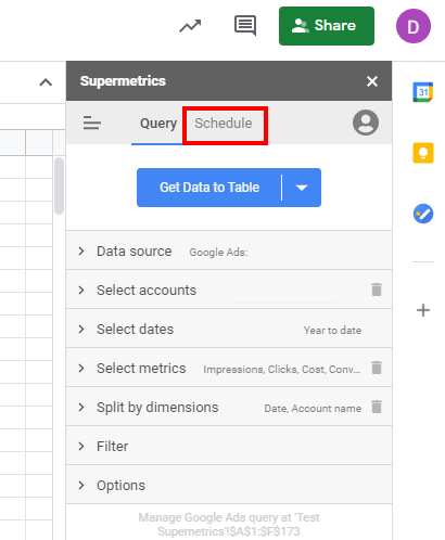 Ads to Google Sheets Supermetrics Schedule